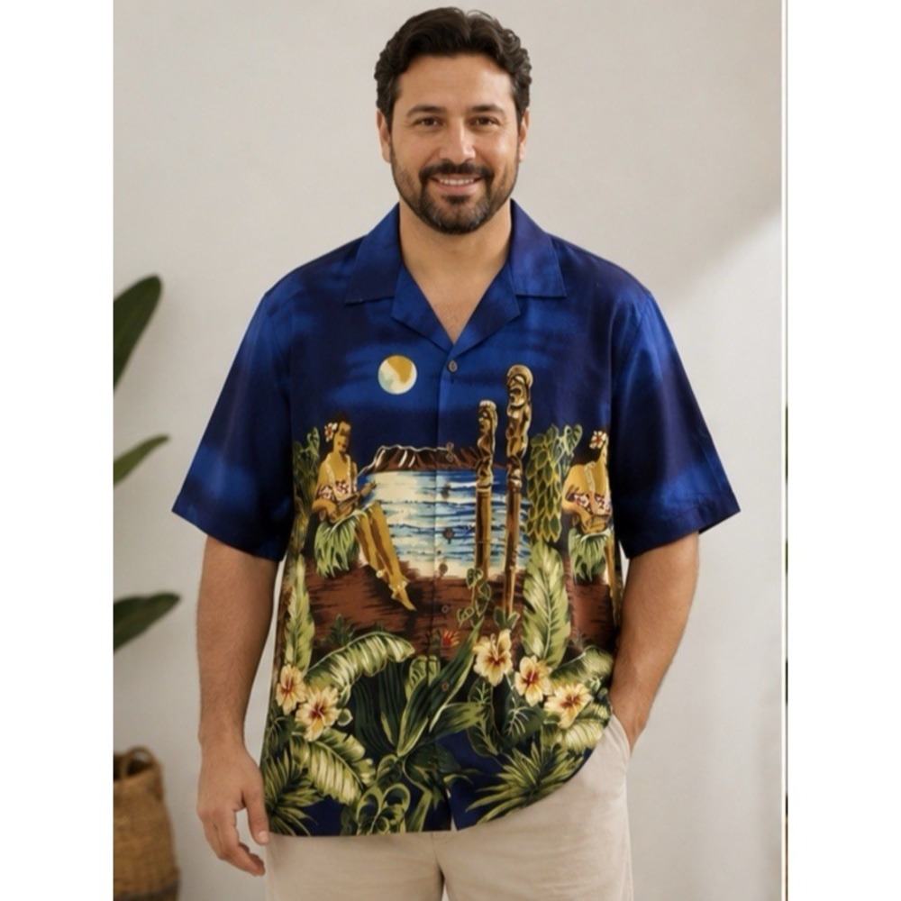Island Wear Mens Blue Hula Girls Hawaiian Shirt Size 2XL Made in Hawaii Cotton